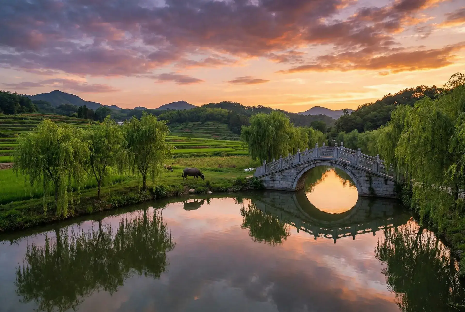 夕阳下的石拱桥与垂柳，水牛在河边吃草 - 最新国自产拍天天更新 乡村美景